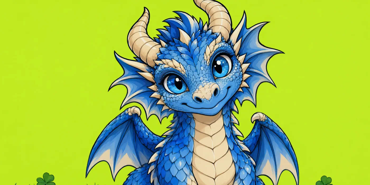 Zuko the blue baby dragon smiling on a lime lawn with clovers
