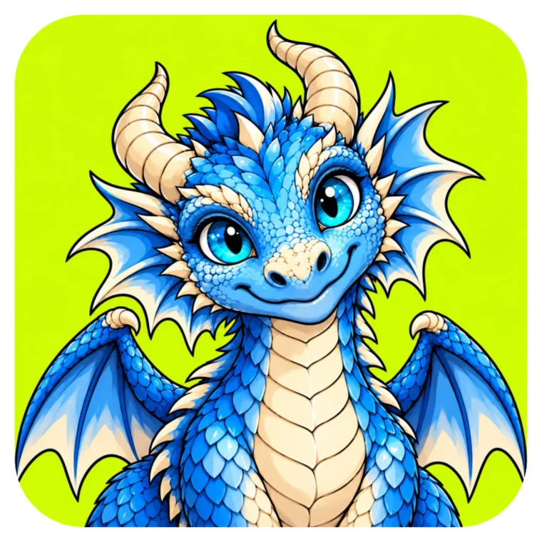 Zuko, a blue baby dragon with cream horns and big turquoise eyes, smiling on a lime background